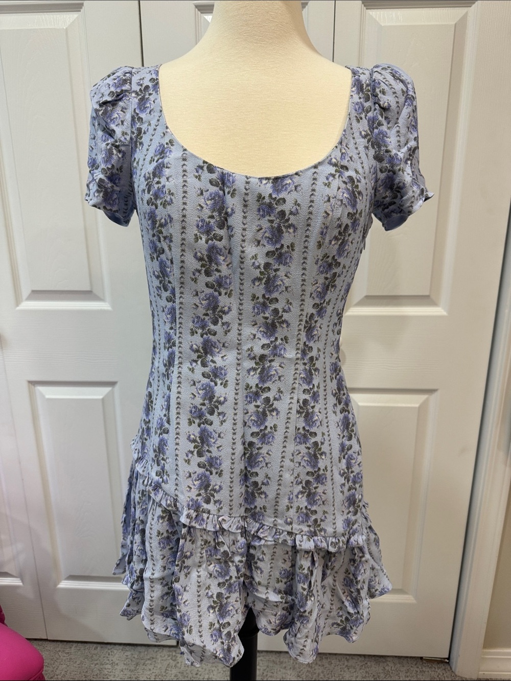 LoveShackFancy Light Blue and Lavender Floral Dress